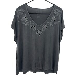 Embroidered Cutout V Neck Top XL Soft Jersey Casual Boho Feminine Blouse